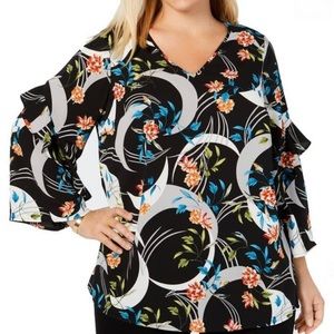 Alfani Black Blue Plus Crescent Floral Ruffle Top